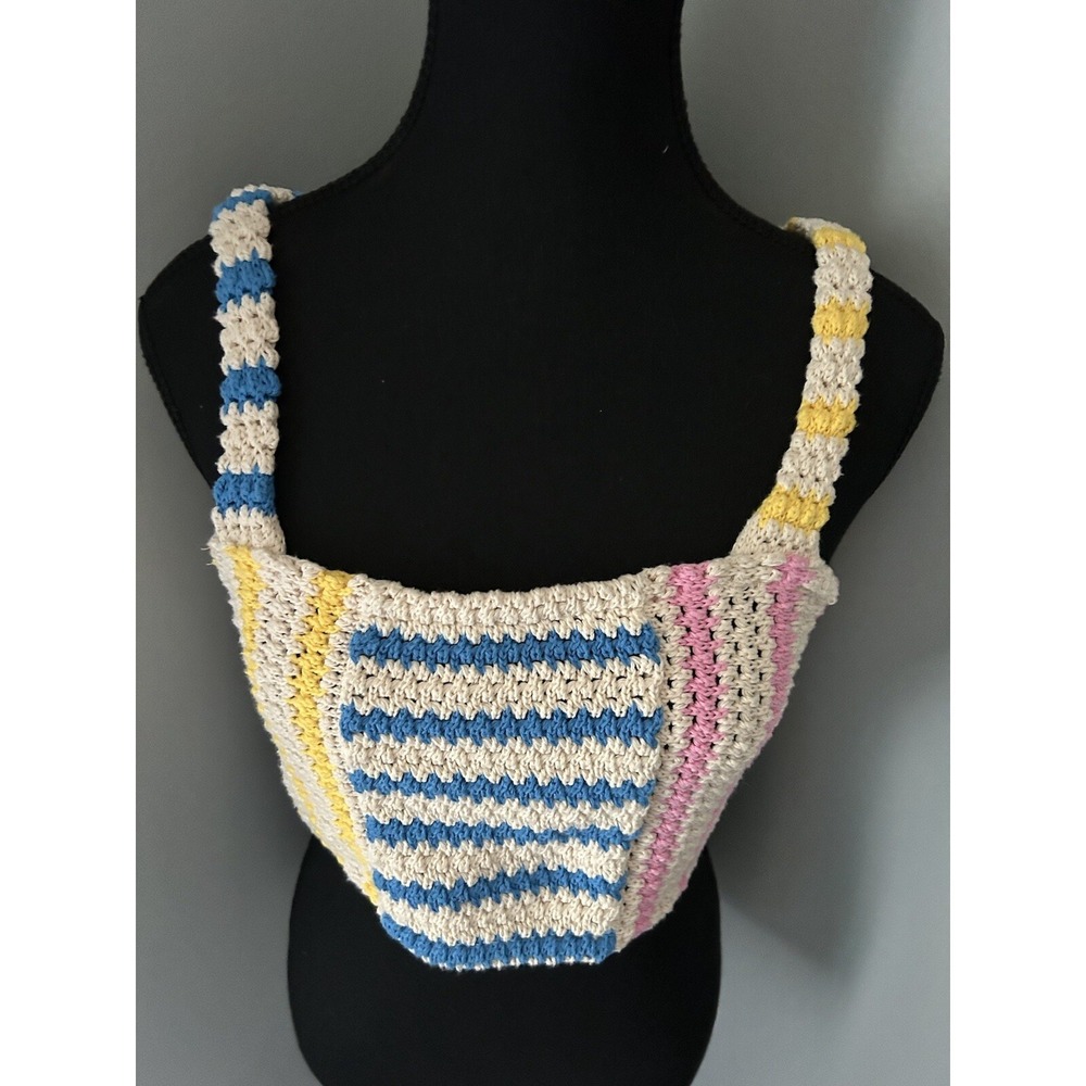 Zara Multi Color Crochet Striped Knit Crop Top Medium Tank 100% Cotton Summer - Picture 2 of 7